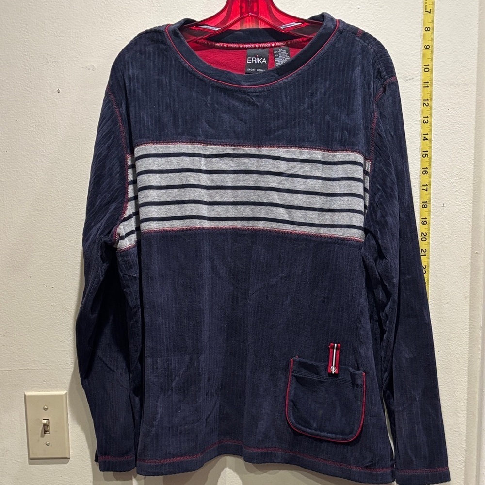 Erika Women's Navy and Gray Striped Crewneck Sweater